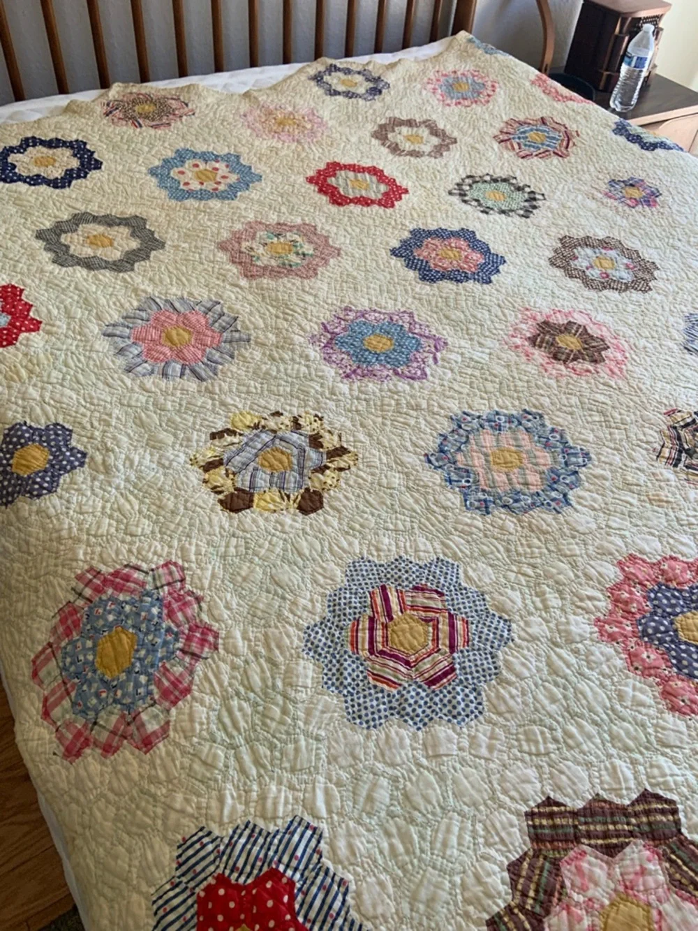 Vintage Handmade Floral Patchwork Quilt - Cream Base with Multi-Color Flowers